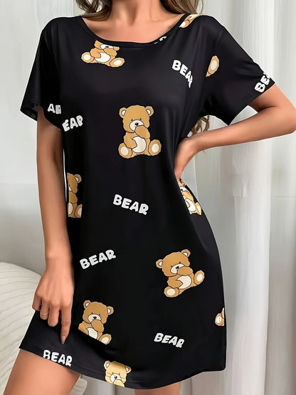 Dame nattkjole med bjørnemønster, kortermet, komfortabel, loungewear for vår og sommer