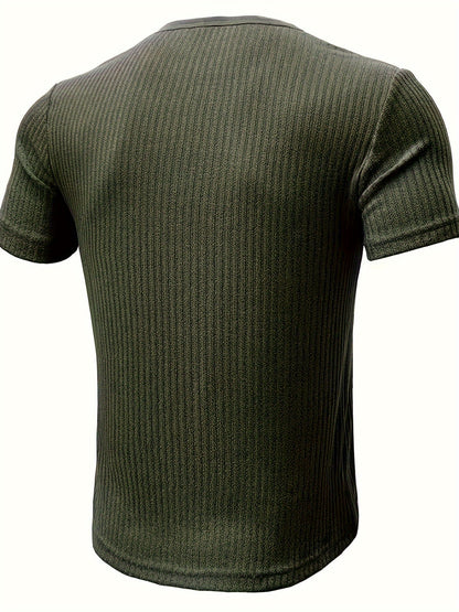Herre Henley T-skjorte med knappestolpe og striper – Komfortabel fritidsstil