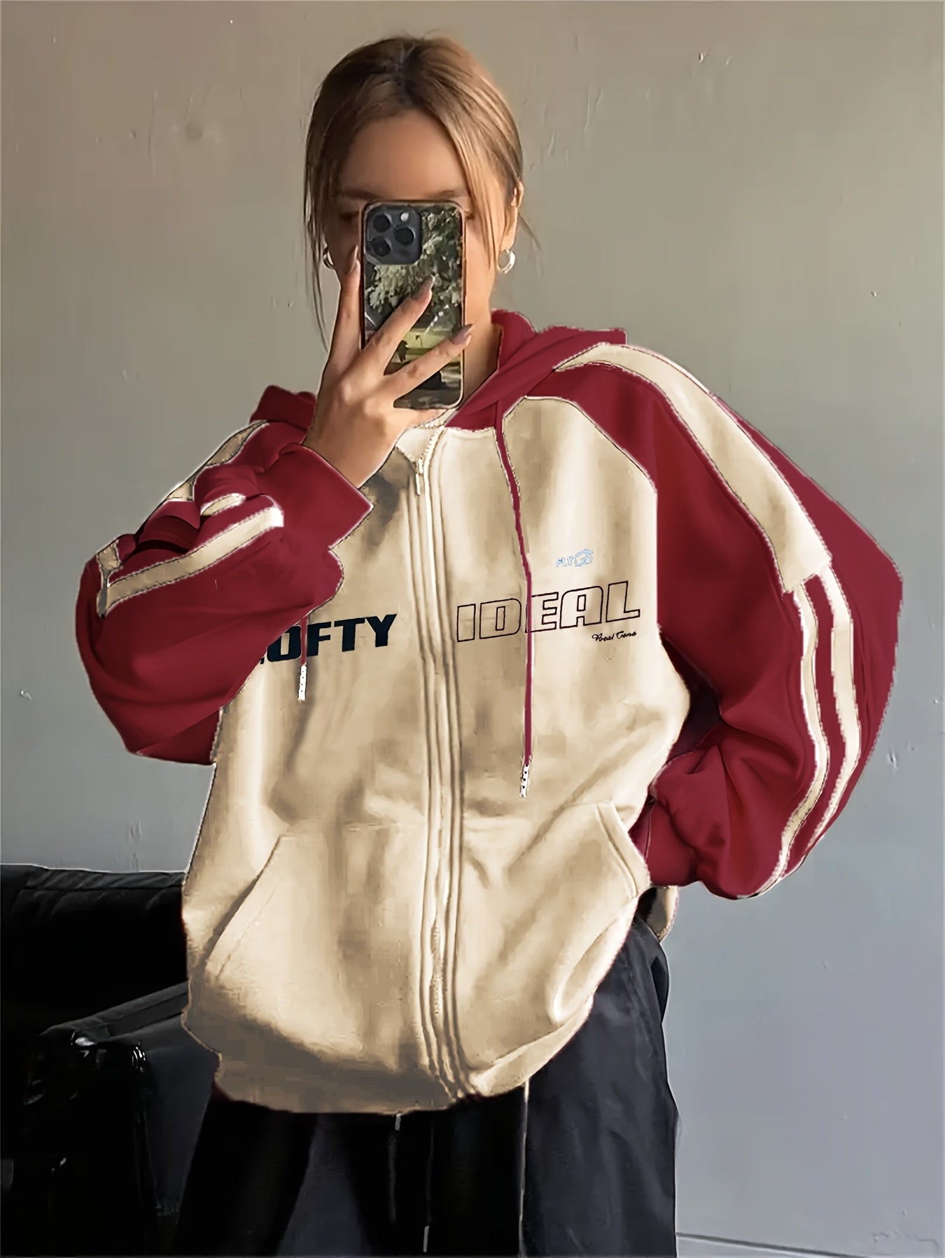 Kapuzenjacke Damen Reißverschluss Zweifarbig Rot Apricot Streifen Oversize