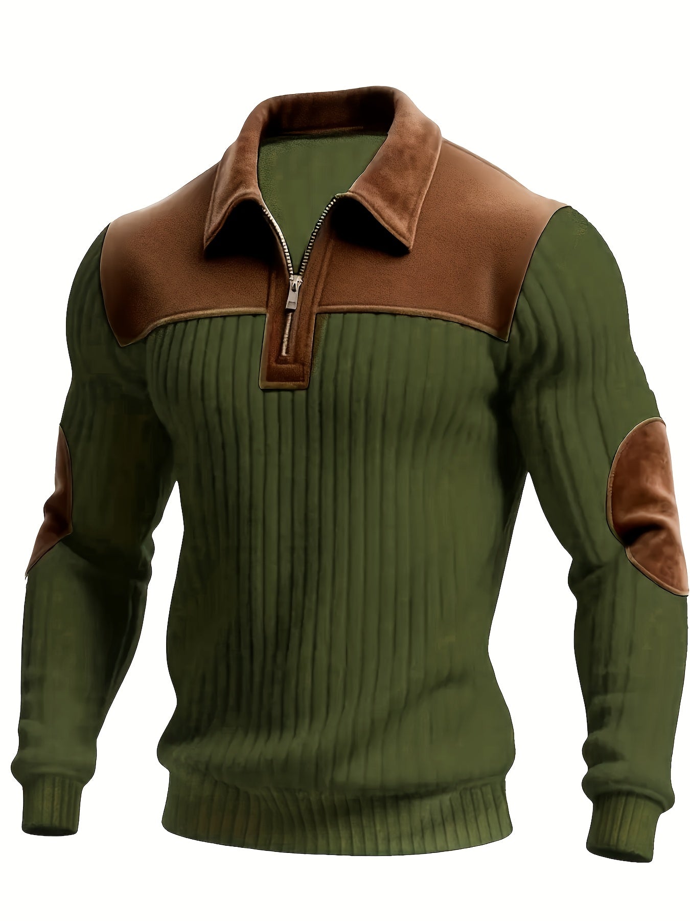 Herren Rippstrick Pullover mit Kragen, Reißverschluss und Patches