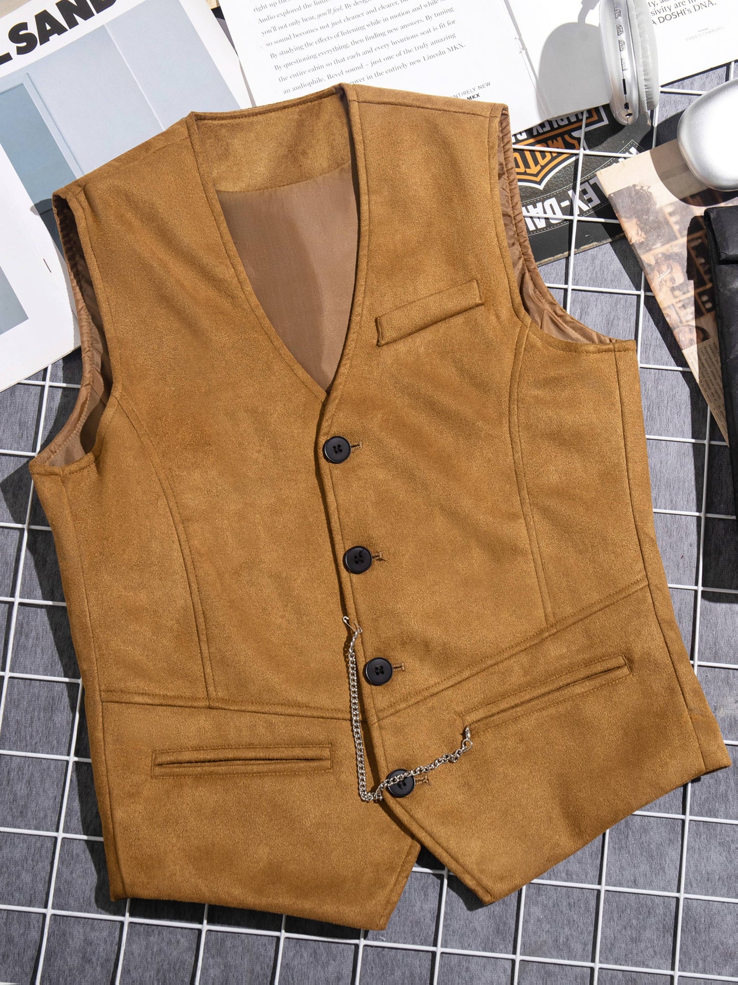 Herren Weste mit V-Ausschnitt, Knöpfen und Kette, Unifarben, Slim Fit