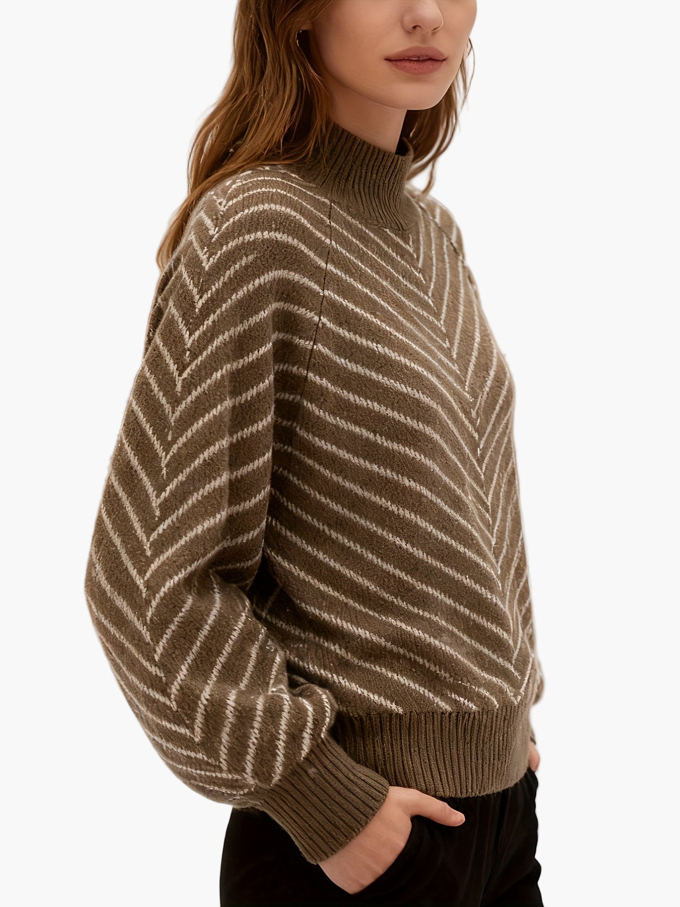 Dames Gebreide Trui Elegante Winterstijl met Strepenpatroon en Opstaande Kraag