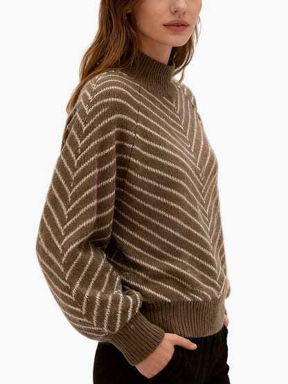 Dames Gebreide Trui Elegante Winterstijl met Strepenpatroon en Opstaande Kraag