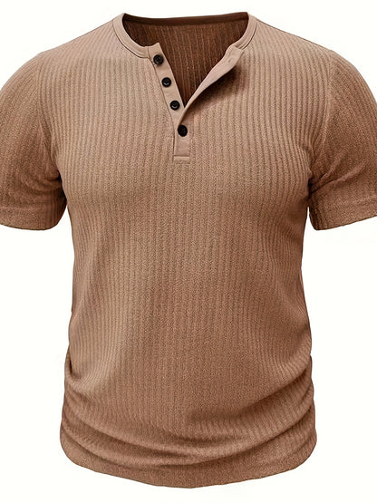 Męska koszulka Henley z krótkim rękawem, prążkowana, letni styl casual