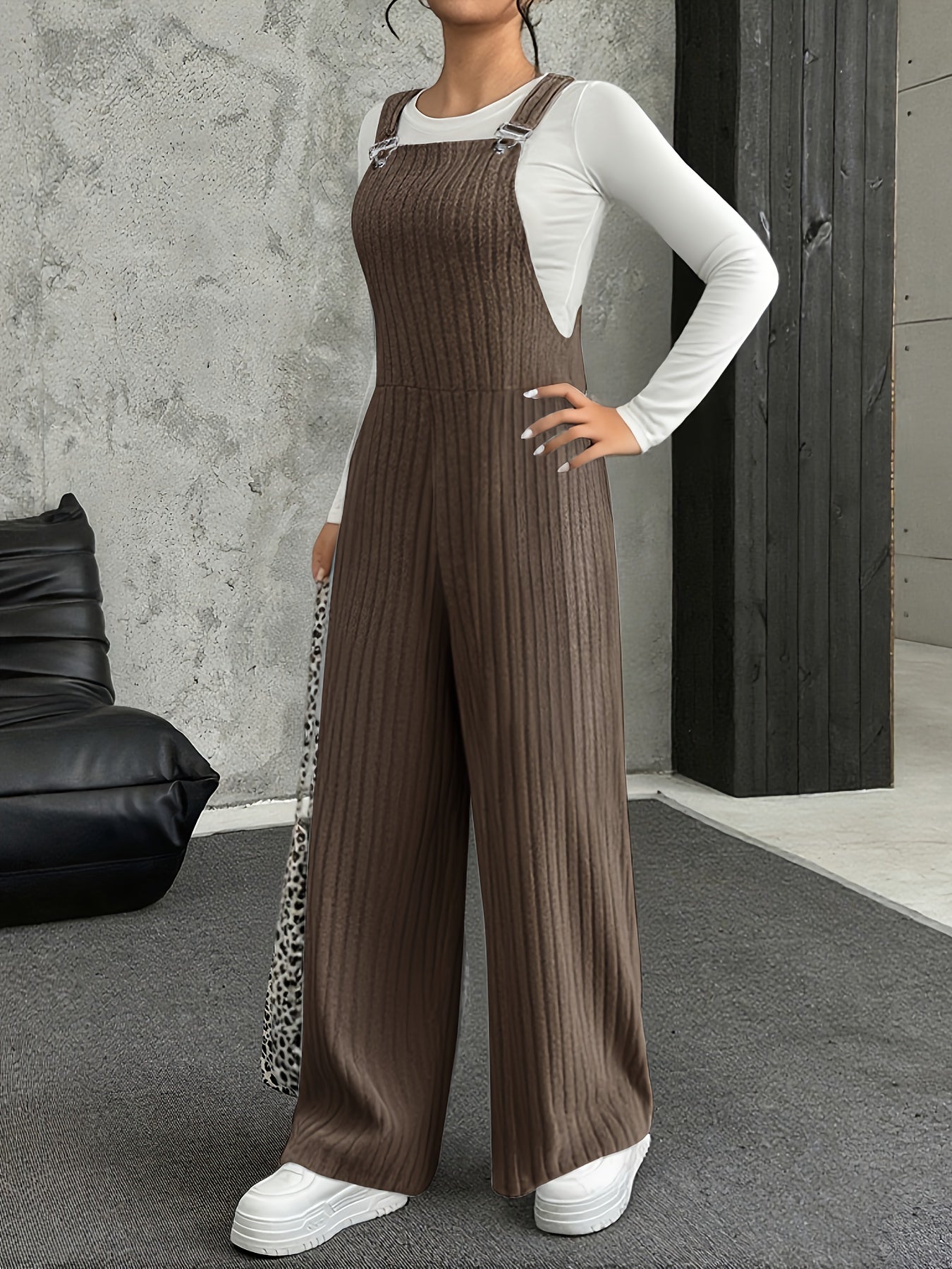 Mono para mujer de punto acanalado, pierna ancha, gris, peto enterizo