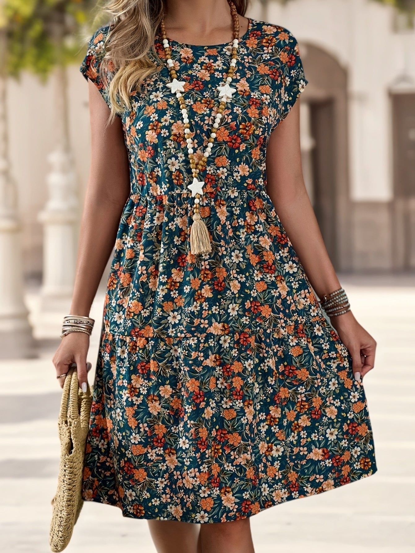 Damen Sommerkleid im Blumenmuster – Freizeit & Urlaub, Kurzarm, Knielang, A-Linie