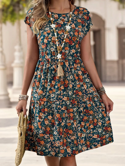 Damen Sommerkleid im Blumenmuster – Freizeit & Urlaub, Kurzarm, Knielang, A-Linie