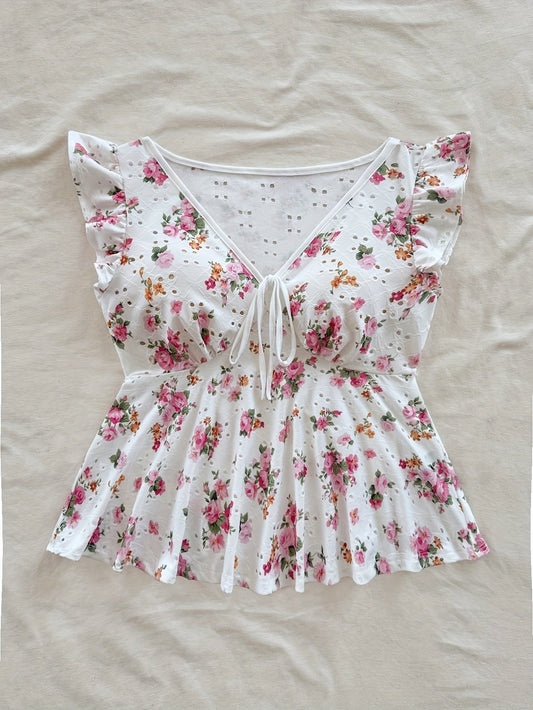 Damen Peplum-Bluse im romantischen Cottagecore-Stil mit Blumenmuster und Lochstickerei – Perfekt für Frühling und Sommer