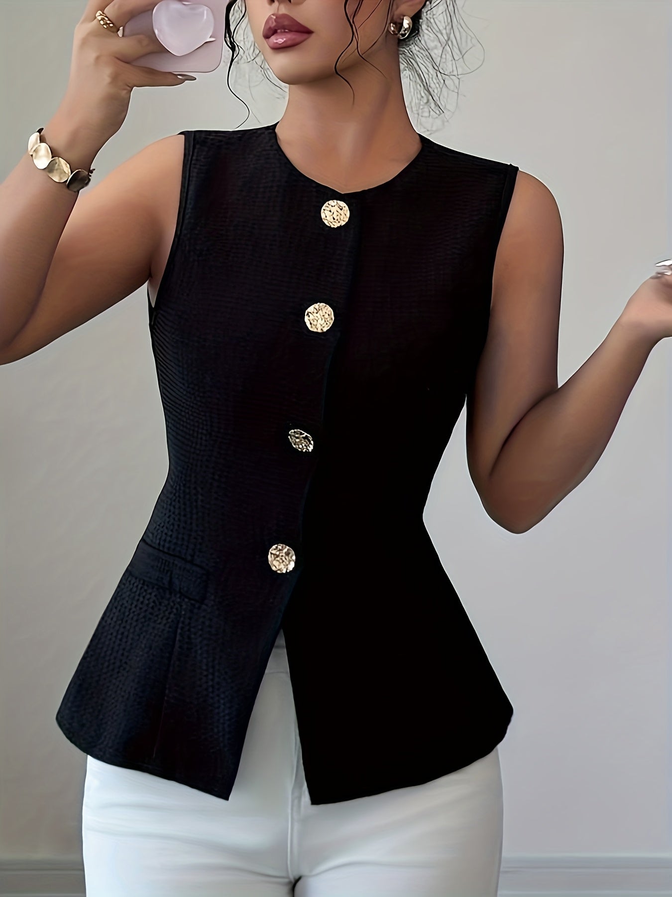 Blusa elegante da donna senza maniche con abbottonatura – Perfetta per ufficio e uso quotidiano