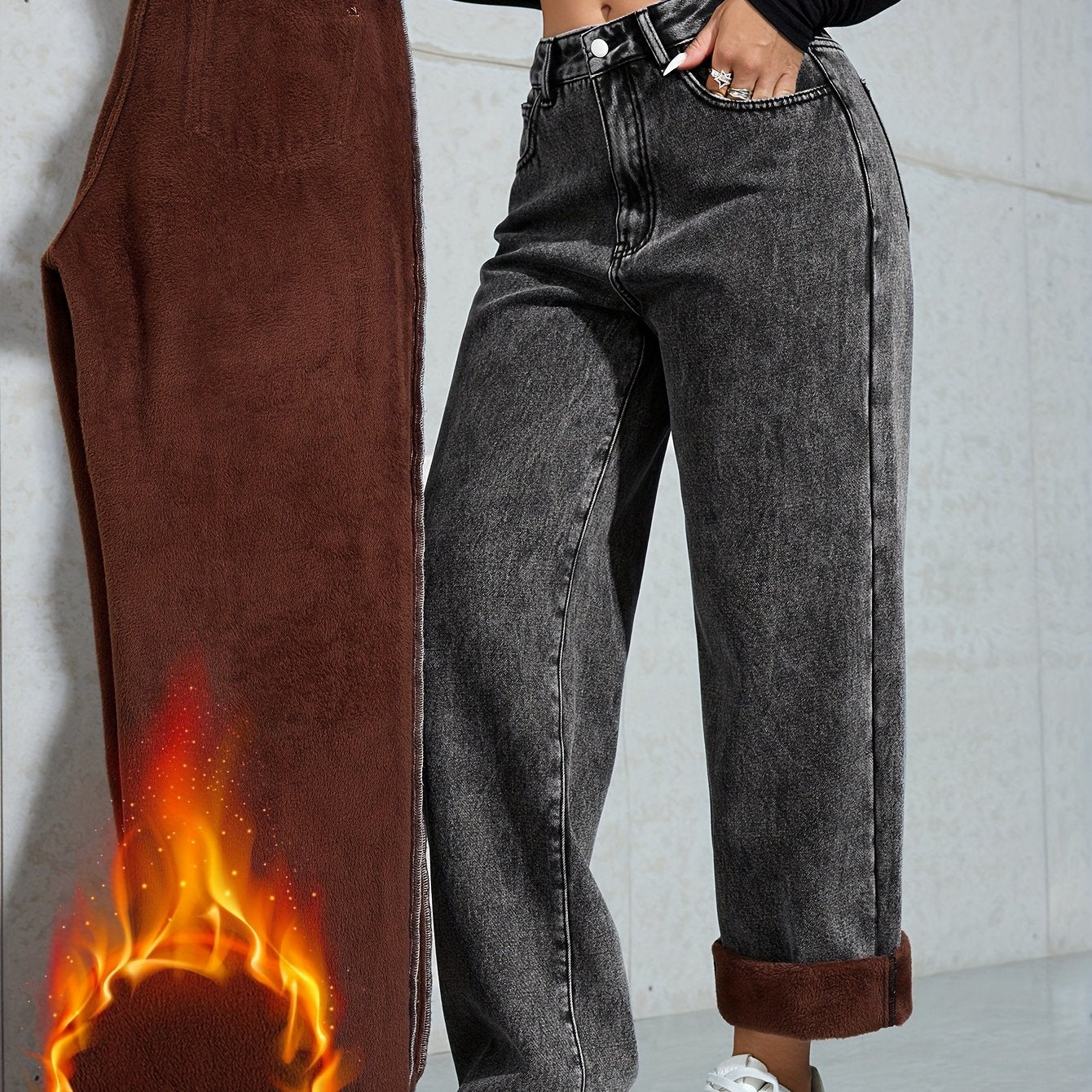 Jeans da donna, grigio scuro, dal taglio ampio, con fodera calda