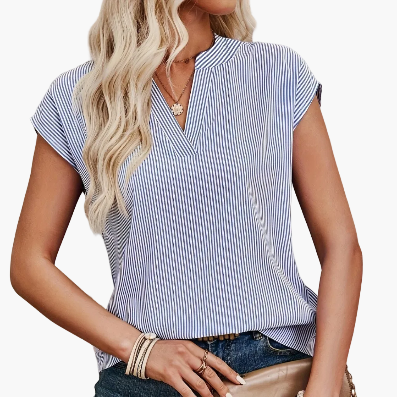 Damen Streifen Bluse Elegant V-Ausschnitt Freizeit Büro Kurzarm