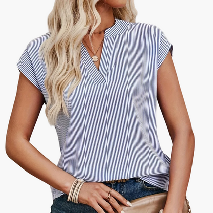 Damen Streifen Bluse Elegant V-Ausschnitt Freizeit Büro Kurzarm