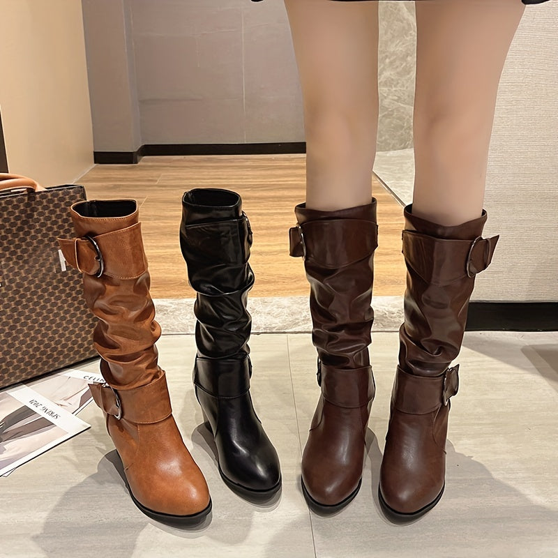 Damen Stiefel mit Schnallen und Blockabsatz, geraffter Schaft