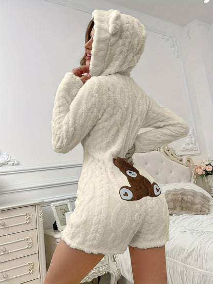 Teddybjørnepyjamas til damer i ét stykke med hætte og lynlås, hvid/sort