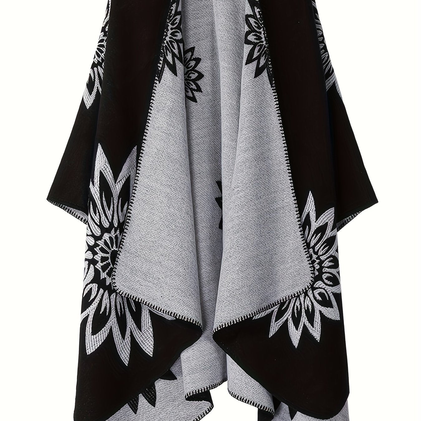 Poncho-omslag met bloemenpatroon, open voorkant, omkeerbaar, zwart-wit