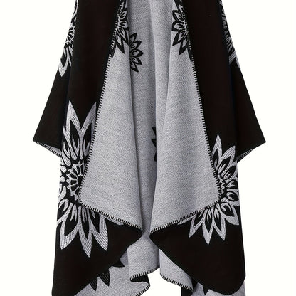 Poncho-omslag met bloemenpatroon, open voorkant, omkeerbaar, zwart-wit