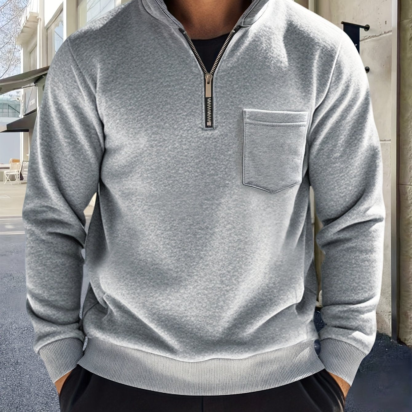 Heren-sweatshirt met halve ritssluiting, opstaande kraag en borstzak, donkergrijs
