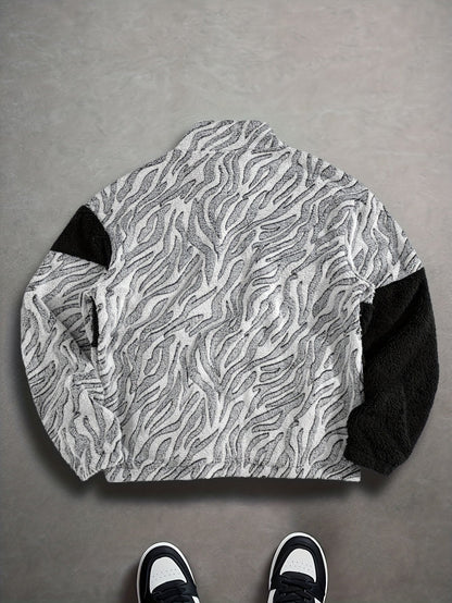 Chaqueta unisex de forro polar de peluche con estampado de cebra y cuello alto