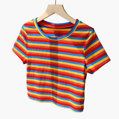 T-shirt donna a maniche corte in maglia a coste con motivo a righe retrò – tempo libero & estate