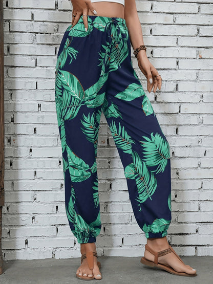 Damen Sommer-Jogginghose im tropischen Print, lockere Freizeithose für Urlaub & Alltag