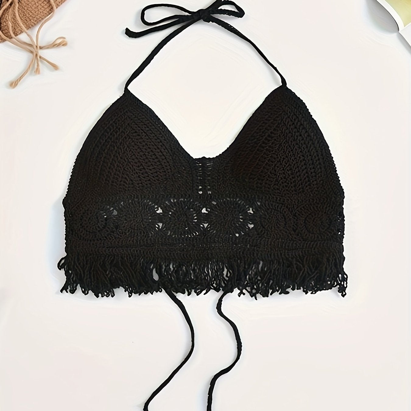 Damski boho szydełkowany top na ramiączkach – braletka festiwalowa i plażowa w stylu vintage
