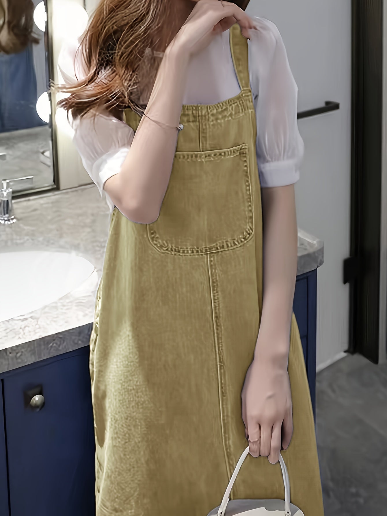 Abito jeans casual da donna con spalline e tasca frontale – Abito salopette midi per tutti i giorni e tempo libero
