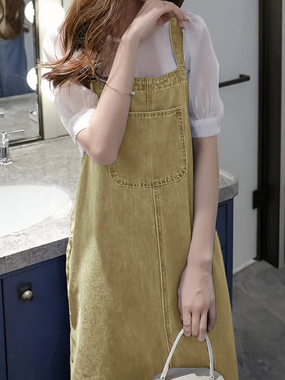 Abito jeans casual da donna con spalline e tasca frontale – Abito salopette midi per tutti i giorni e tempo libero