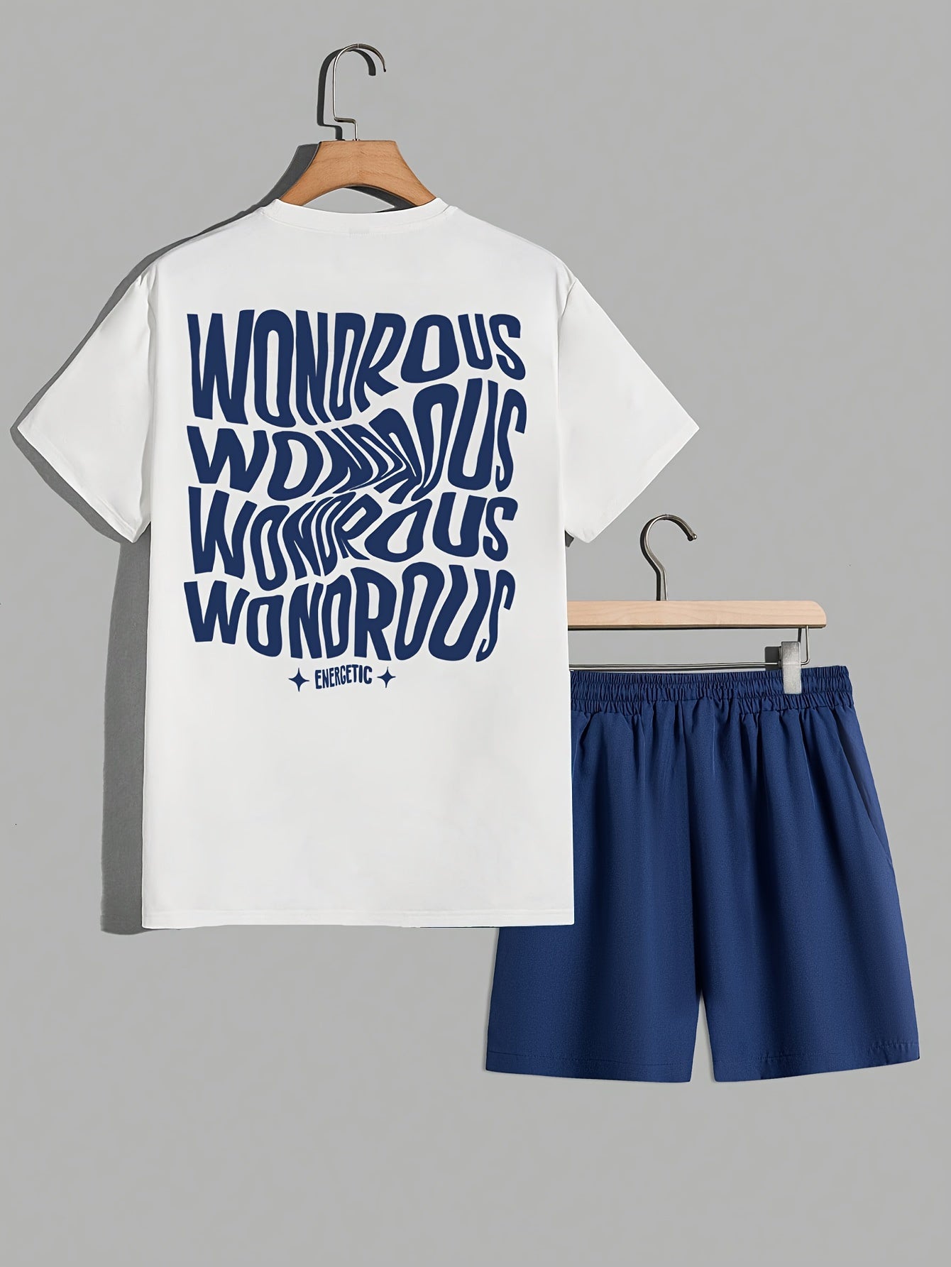 Męski zestaw streetwear z koszulką z grafiką i szortami – nowoczesny casualowy look, styl miejski