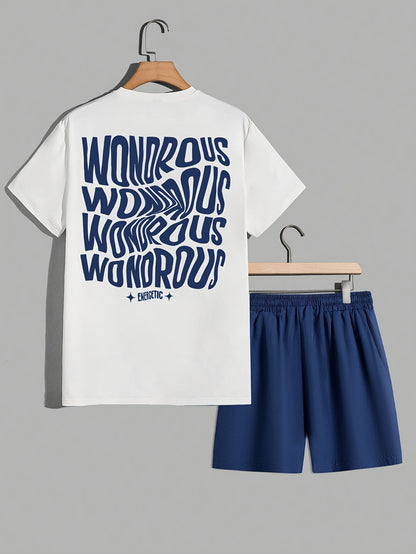 Męski zestaw streetwear z koszulką z grafiką i szortami – nowoczesny casualowy look, styl miejski