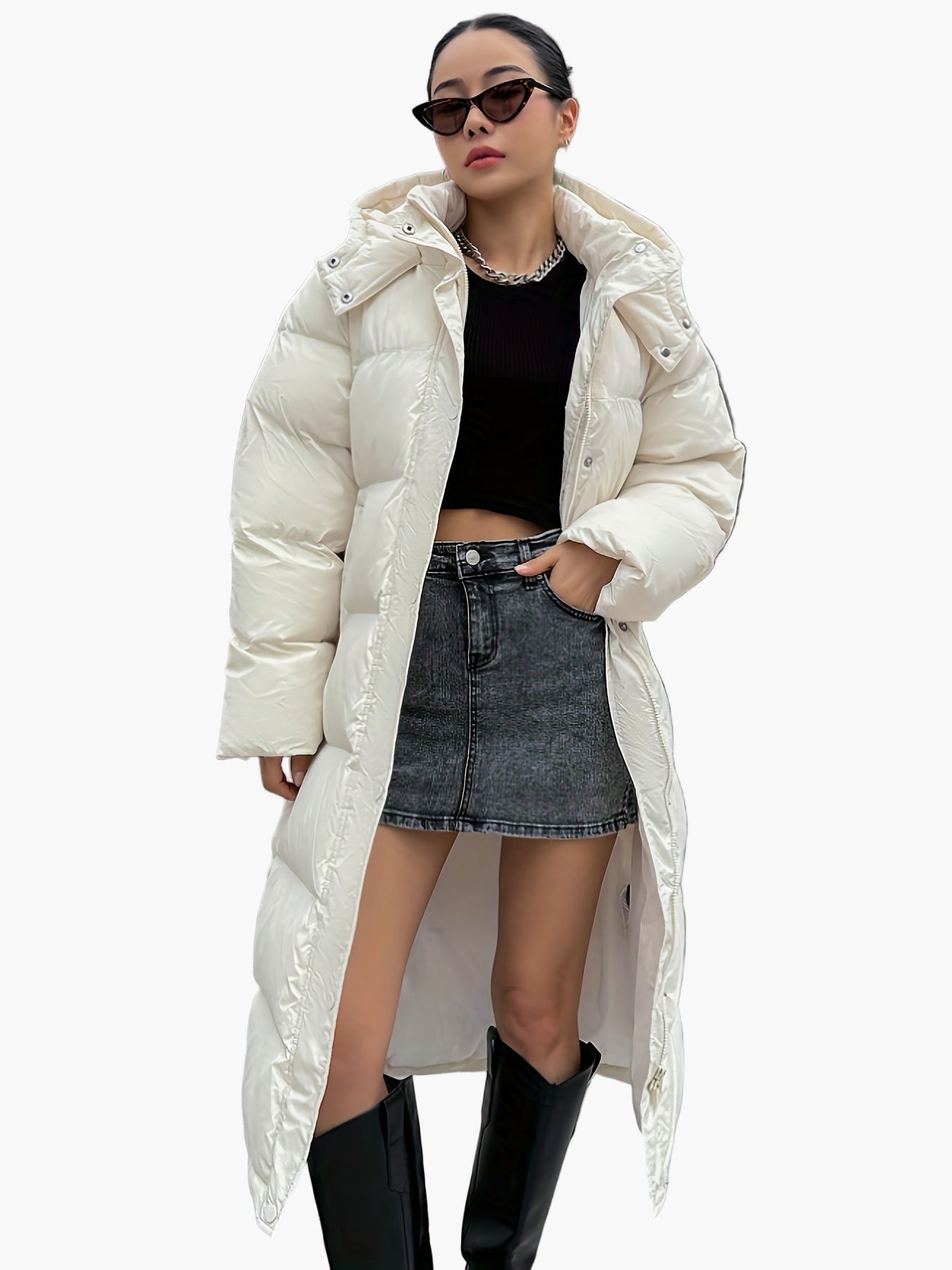 Abrigo acolchado largo de invierno para mujer elegante con capucha – Puff urbano moderno para días fríos