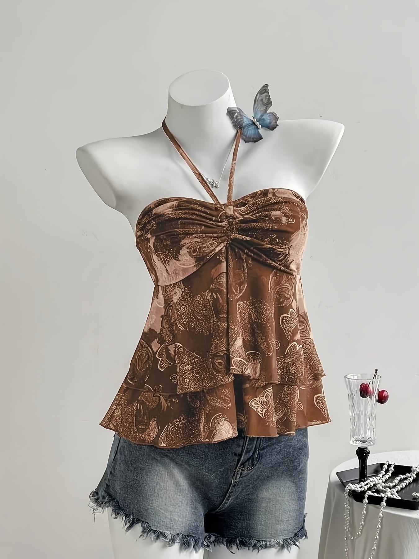 Dame halterneck volant top med hjerteprint – romantisk sommer peplum top til fritid og udgang