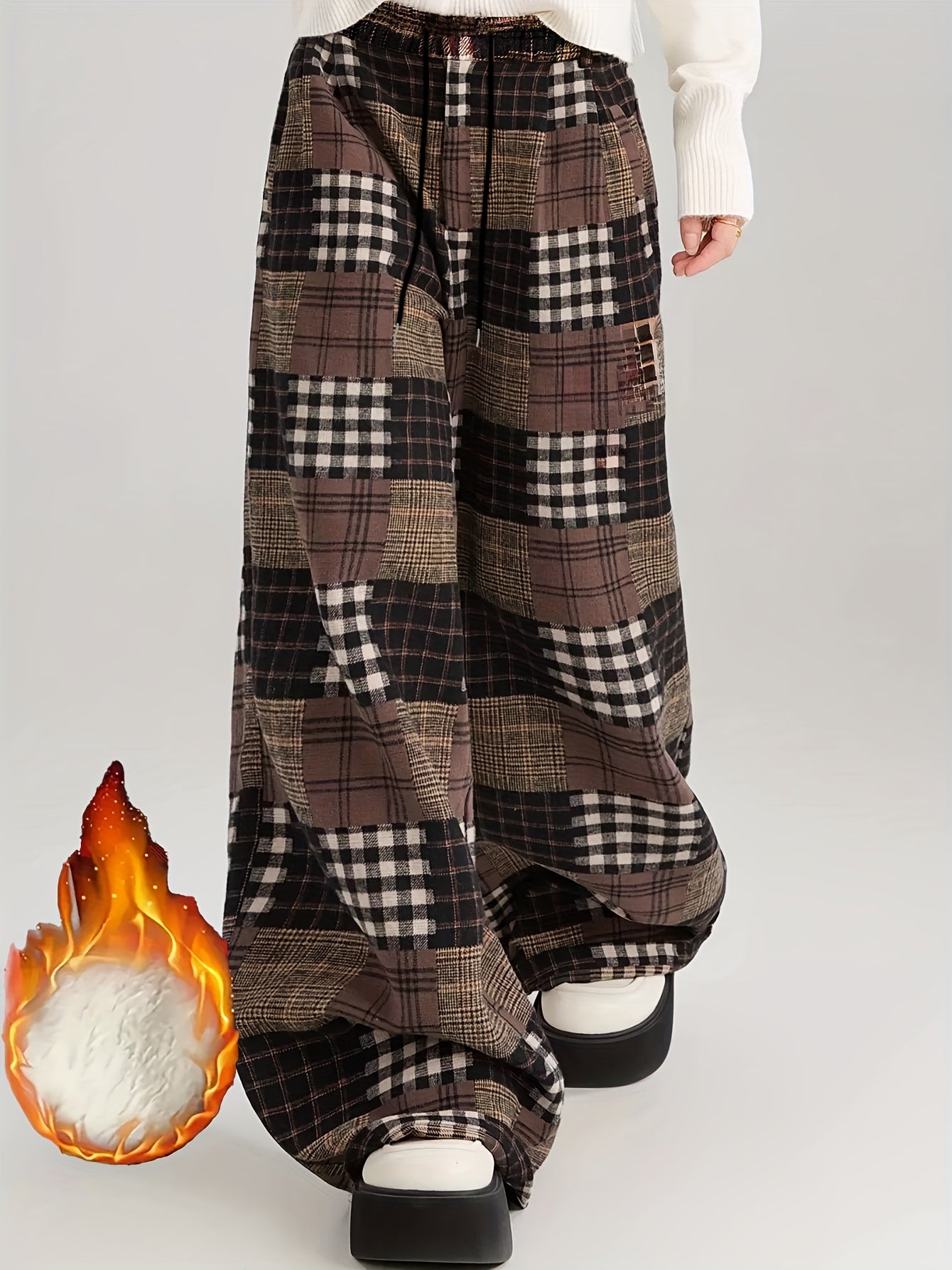 Pantalones de patchwork con estampado de cuadros, pierna ancha, marrón y negro
