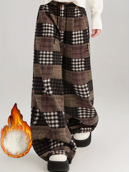 Pantalones de patchwork con estampado de cuadros, pierna ancha, marrón y negro