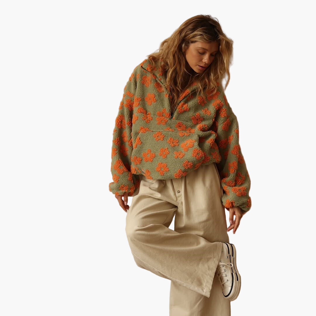 Pull polaire bohème femme à motif floral – Sweat douillet pour loisirs en automne et soirées cosy