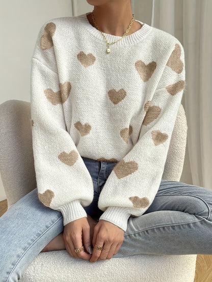 Maglione da donna lavorato a maglia, vestibilità morbida, motivo a cuore, girocollo, bianco e beige