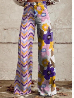 Jean large bohème pour femmes avec design artistique graphique et style vintage, idéal pour le streetwear et les festivals