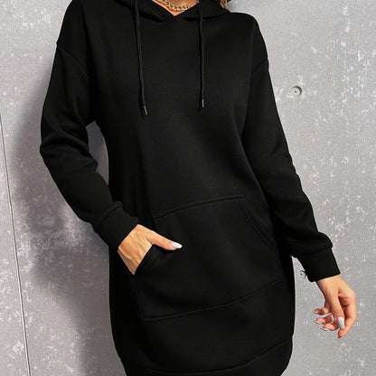 Damen Hoodie-Kleid Schwarz Langarm Kapuzenpullover Tunika Kängurutasche