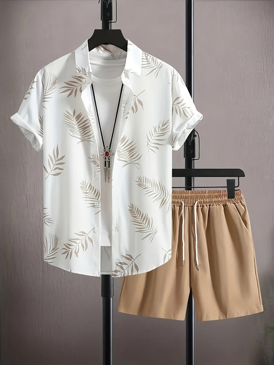 Set estivo da uomo casual – Camicia a maniche corte con motivo a foglie e pantaloncini, alla moda e informale, ideale per vacanze e uso quotidiano