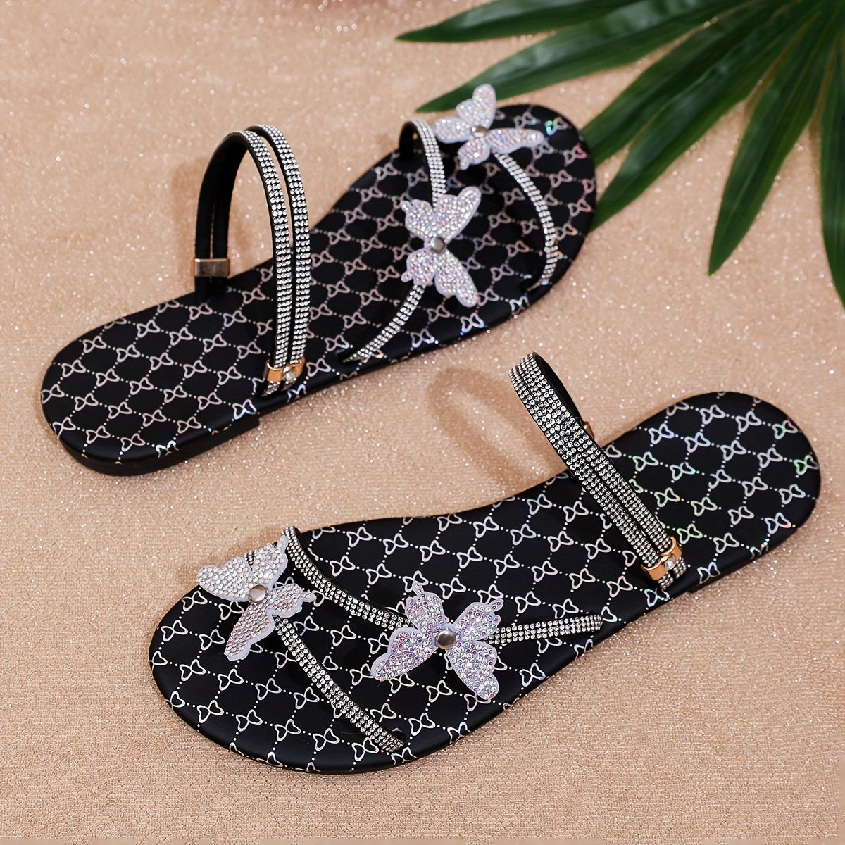 Damen Flache Sandalen mit Strass-Schmetterlingen für Sommer und Freizeit
