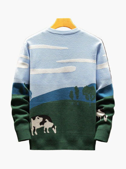 Męski sweter z motywem krajobrazu i krów, casualowy sweter z dzianiny na jesień i zimę