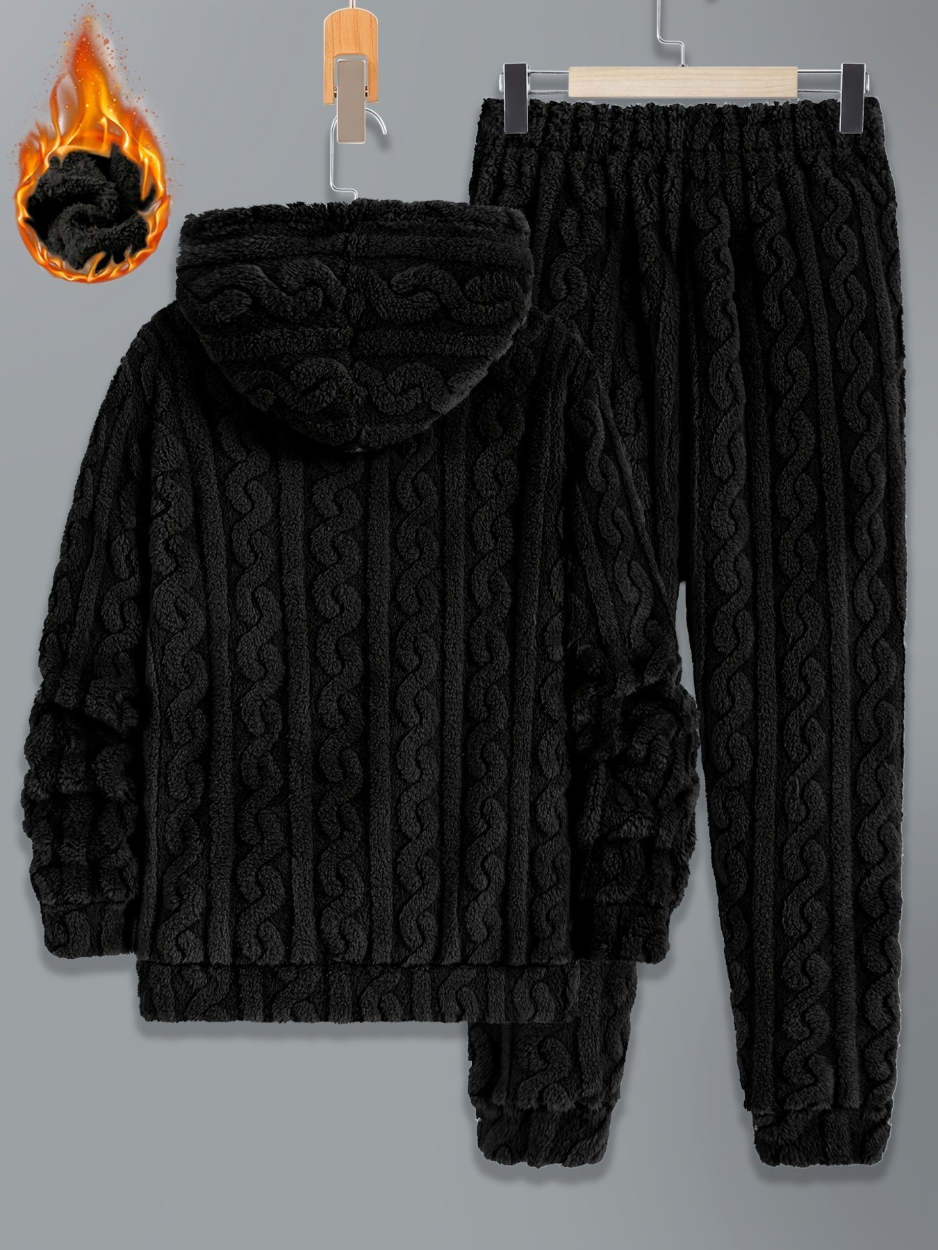 Herren Plüsch Loungewear Set mit Kapuzenpullover und Hose, Zopfmuster, Schwarz