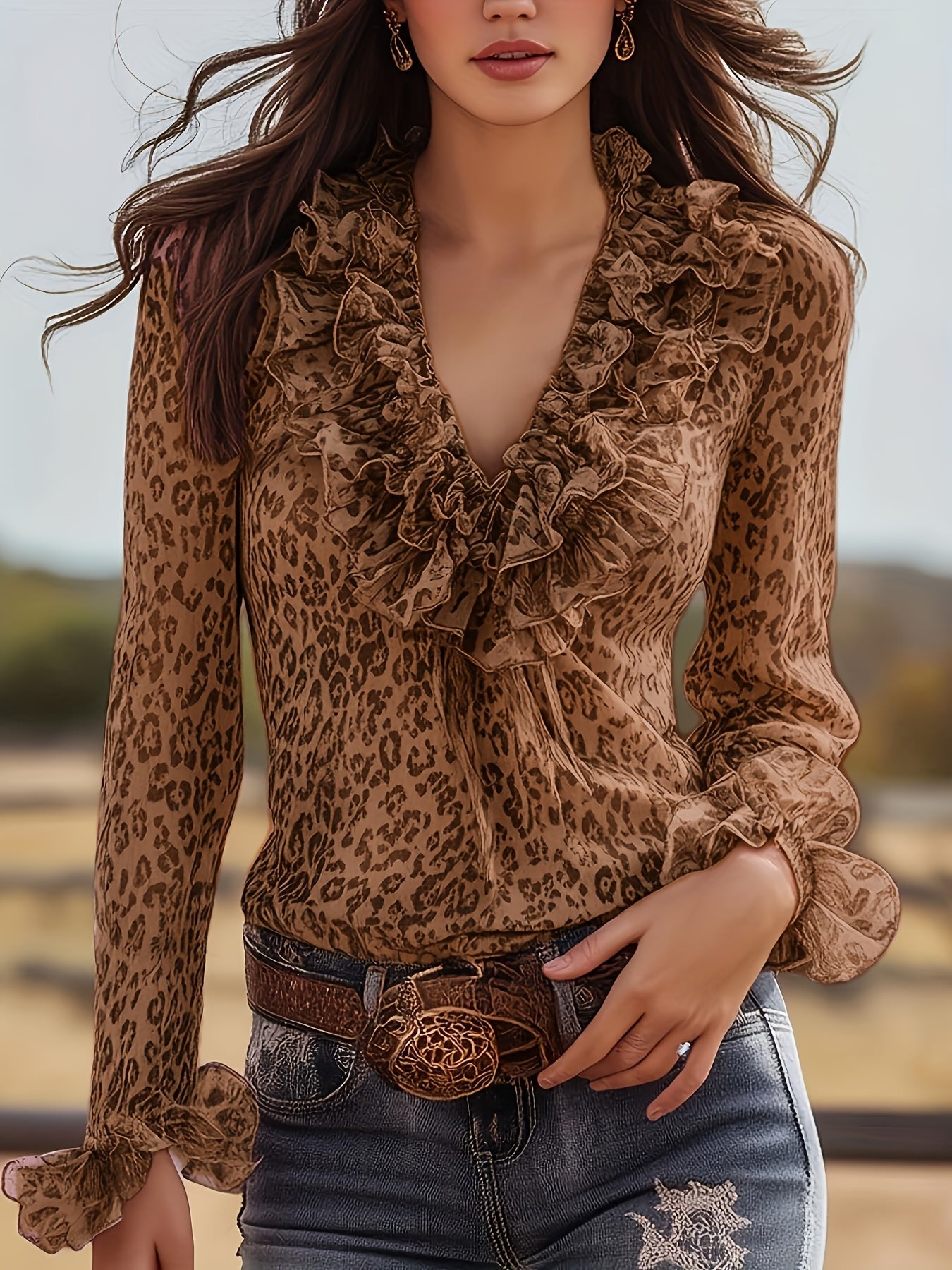 Chemisier femme élégant avec volants et motif léopard – Encolure en V tendance pour loisirs et sorties