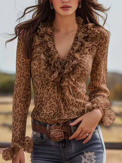 Chemisier femme élégant avec volants et motif léopard – Encolure en V tendance pour loisirs et sorties