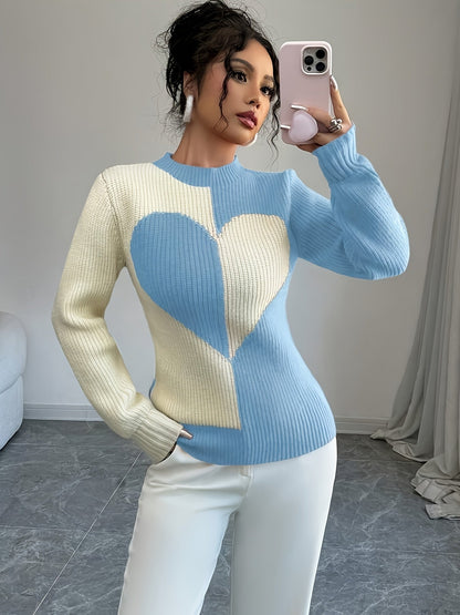 Pullover in maglia bicolore con motivo a cuori e collo alto da donna
