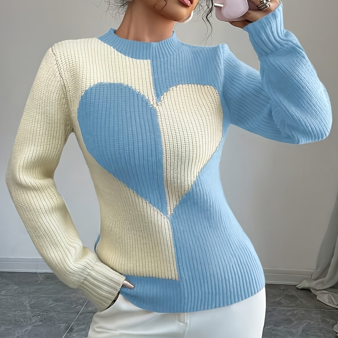 Pullover in maglia bicolore con motivo a cuori e collo alto da donna