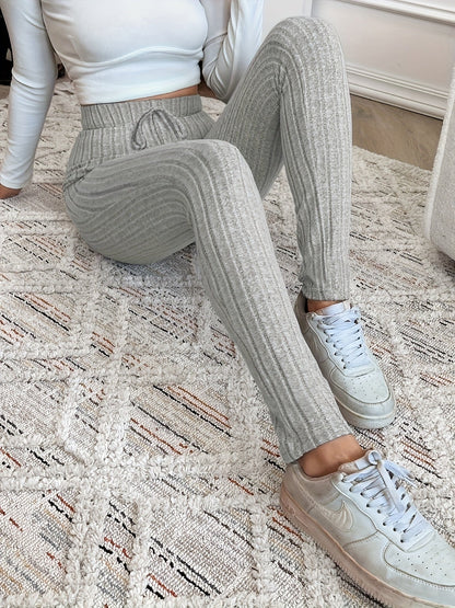 Damen Gerippte Strickhose mit Kordelzug Hoher Bund Braun