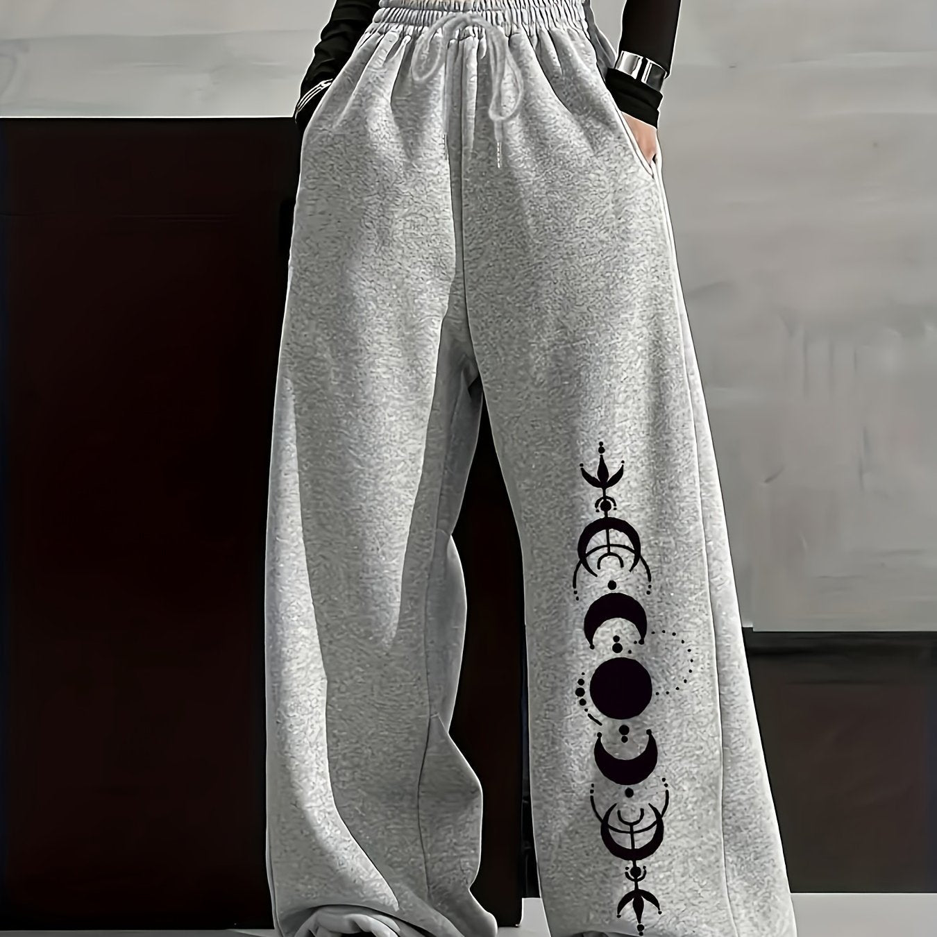 Unisex Weite Freizeithose mit Mondphasen-Muster, Elastischer Bund