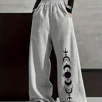Unisex Weite Freizeithose mit Mondphasen-Muster, Elastischer Bund