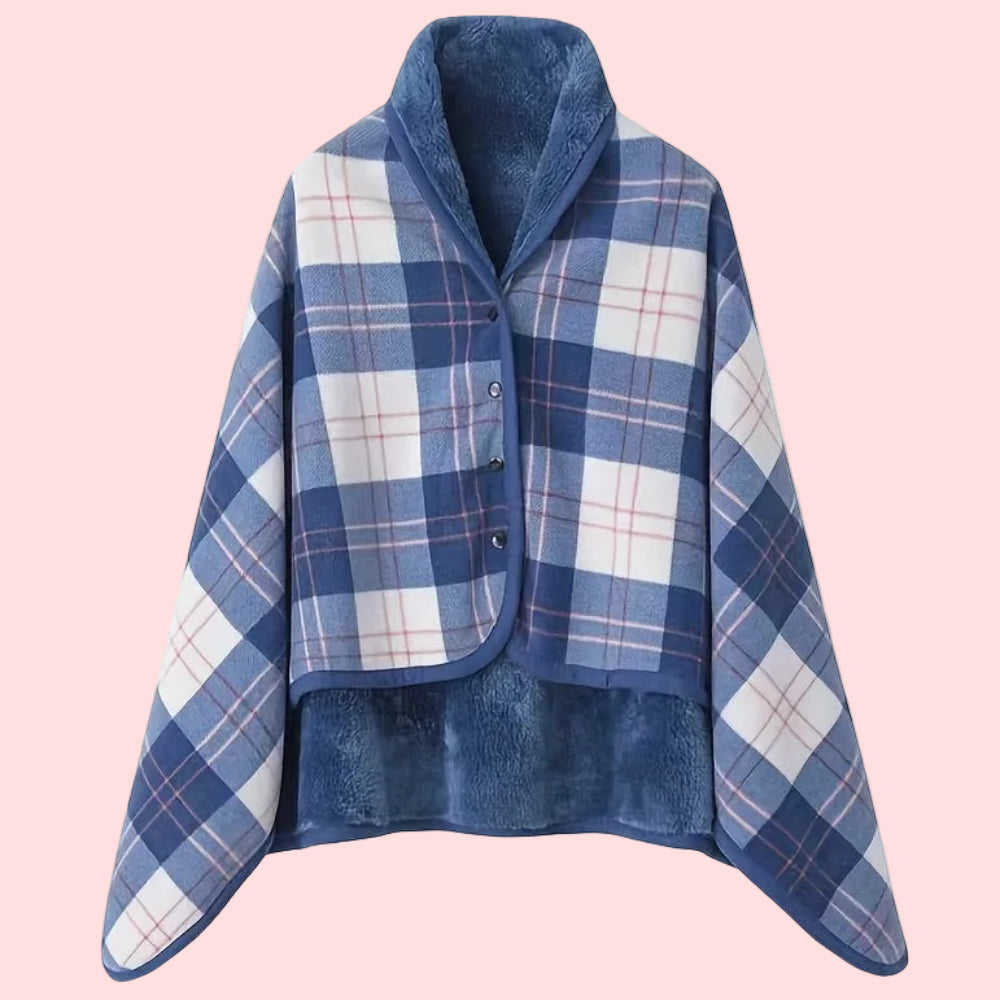 Women's Plaid Snap Button Fleece Lined Poncho Cape