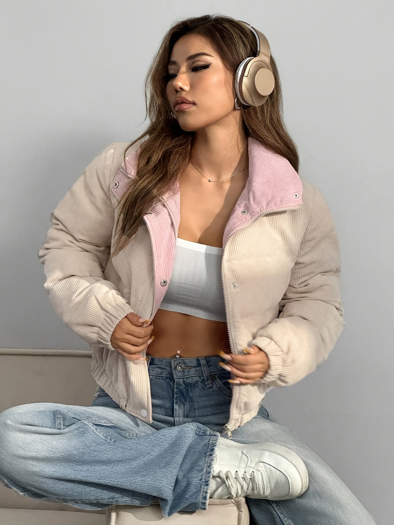 Cord Steppjacke Beige mit Rosa Kragen Damen Kurz